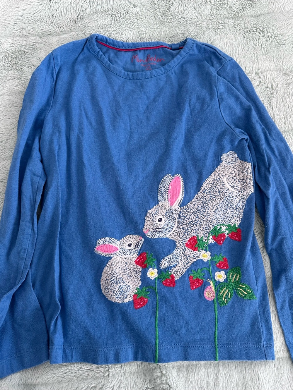 Mini Boden Royal Blue Long-Sleeve Tee with Bunny & Strawberry Appliqué